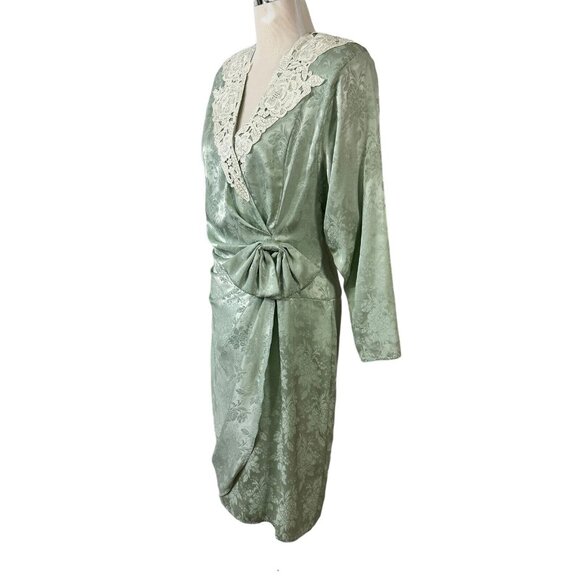 Scott McClintock Dress Green Damask Jacquard Lace Collar Size 10 Vintage 1980s - Picture 6 of 10